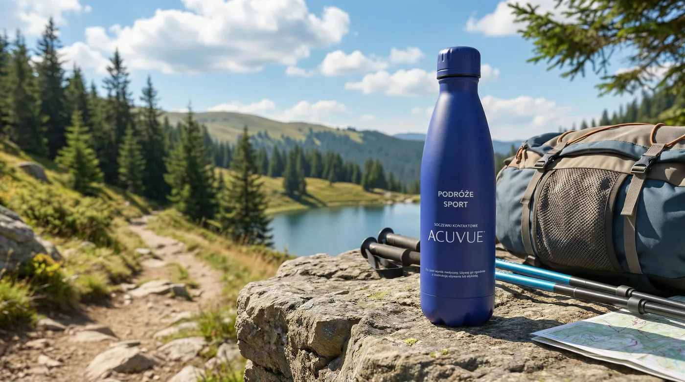 Butelka Acuvue na skale na górskim szlaku
