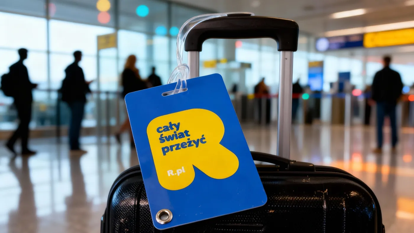 Zawieszka bagażowa „cały świat przeżyć” na walizce na lotnisku